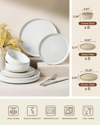 Famiware Premium 24-Piece Stoneware Dinnerware Sets for 8 - Coupe Plates and Bowls with Speckles & Spirals - Chip & Scratch Resistant, Microwave & Dishwasher Safe - Farmhouse Dishes - Gift Box, White
