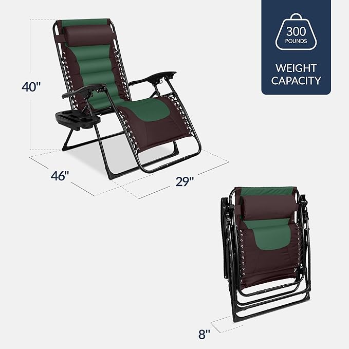 Best Choice Products Oversized Padded Zero Gravity Chair, Folding Outdoor Patio Recliner, XL Anti Gravity Lounger for Backyard w/Headrest, Cup Holder, Side Tray, Polyester Mesh - Espresso/Green