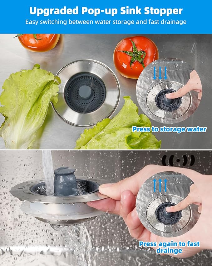 Hibbent Upgraded 3 in 1 Kitchen Sink Drain Strainer and Stopper Combo,