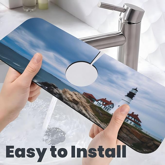 Kitchen Sink Splash Guard Faucet Mat Lighthouse Beach Sky 15"x5.5", Diatom Mat