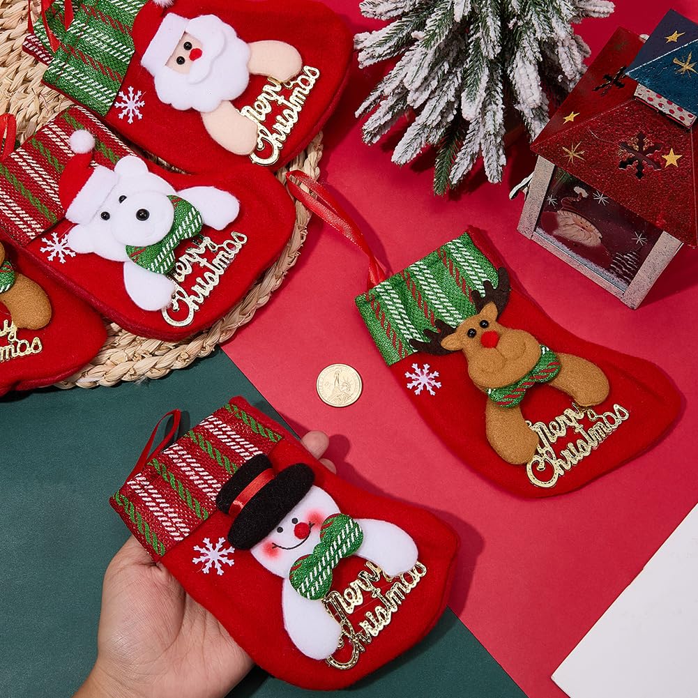 SOFPLATE 4 Styles 12Pcs Mini Christmas Stockings Christmas Hanging Stockings Bulk 3D Plush Santa Snowman Reindeer Bear Decorations for Home Decorations Tree Ornaments Party Favor Supplies Gift Holder