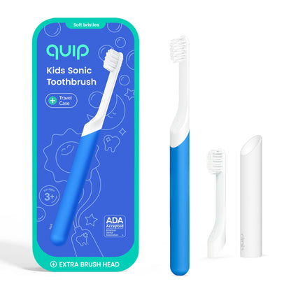 Quip Sonic Toothbrush for Kids with Timer - Includes Extra Brush Head and Travel Cover Mount - Electric, Soft Bristle Refill Head, Rubber Handle, 3 Month Battery Life - Travel Toothbrush - Blue