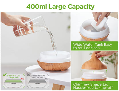 InnoGear Aromatherapy Diffuser & 10 Essential Oils Set, 400ml Diffuser Ultrasonic Diffuser Cool Mist Humidifier with 4 Timers 7 Colors Light Waterless Auto Off for Large Room Office, Dark Wood Grain
