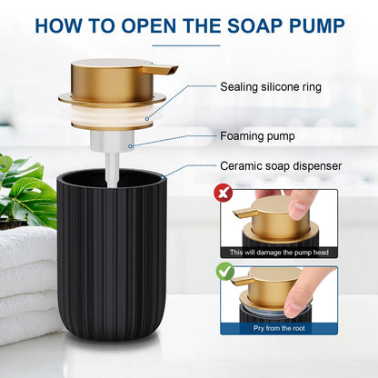 Ceramic Foaming Soap Dispenser, 12 oz Bathroom Foam Hand Soap Dispenser, Refillable Lotion Soap Dispenser with Removable Pump for Kitchen Hand Wash Dispenser, Modern Home Decor(2Pack-Black)