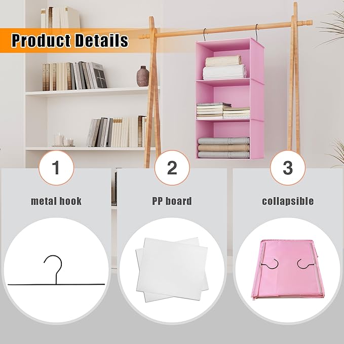 Hanging Closet Organizer and Storage 3-Shelf, Easy Mount Foldable Hanging