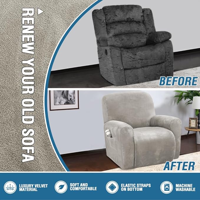 H.VERSAILTEX 4-Pieces Recliner Chair Covers Velvet Stretch Reclining Couch