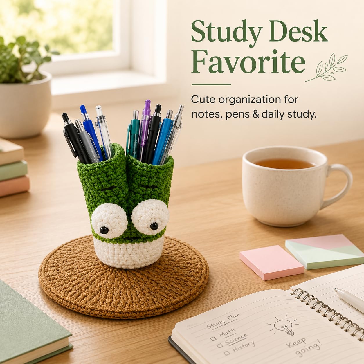 XIBIGEYE Cute Crochet Pen Holder for Desk - Handmade Green Onion Pencil Cup with Phone Stand | Funny Desk Organizer, Unique Teacher Gift, Back to School Desk Accessories for Students & Office