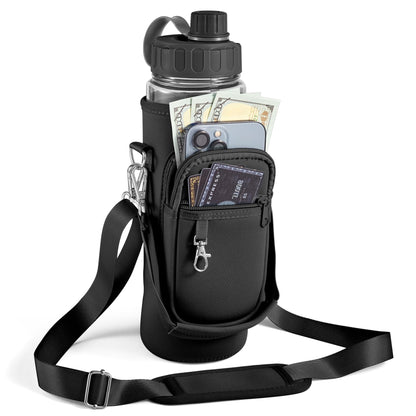 Noxgifix Water Bottle Holder with Strap,Water Bottle Bag,32/40 oz Large Capacity,Adjustable Shoulder Hand Strap,2 Phone Pocket Water Bottle Holder,Water Bottle Accessories for Camping Running Walking