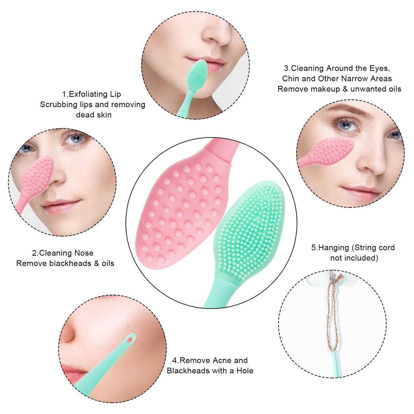 Silicone Facial Cleansing Brush 3 Pack, Beomeen 4 in 1 Handheld Face Scrubber for Deep Gentle Exfoliating, Double-Ended Face Wash Scrub Brush for Face Skincare and Massage (Green)