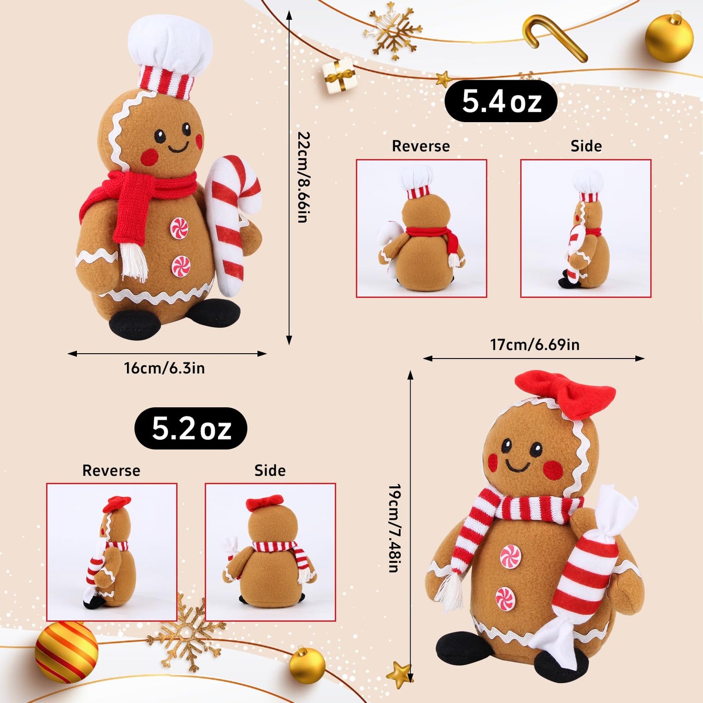BWFY Christmas Gingerbread Man Plush Toys Set of 2, Festive Gingerbread Couple Stuffed Animals with Candy Props, Xmas Decorations & Gifts, Christmas Holiday Home Decor