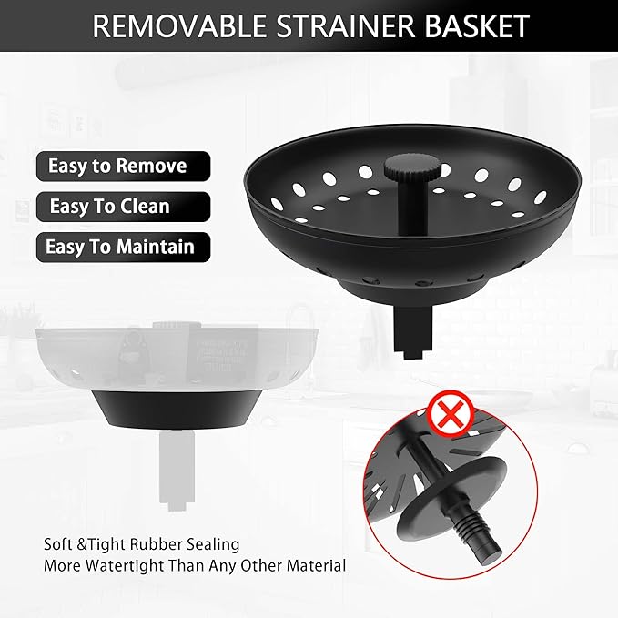 Black Sink Drain 3-1/2 Inch Matte Black Kitchen Sink Drain Strainer Assembly Kit