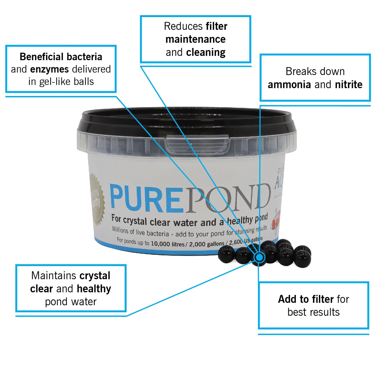 Evolution Aqua Pure Pond – Beneficial Bacteria for Ponds | Pond Bacteria Treatment & Healthy Water Maintenance for clear pond | Aids biological filtration and Fish Safe Pond Equaliser | 500ml