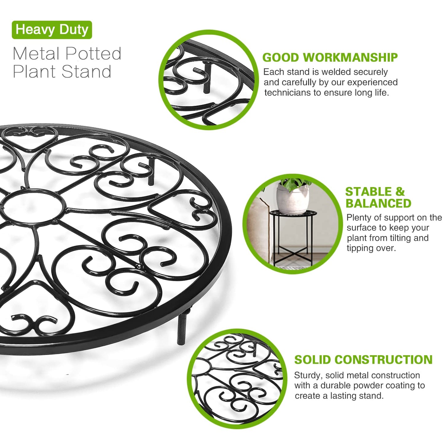 Plant Stand Indoor Outdoor, 15" Tall Flower Pot Stand, Round Metal Corner Plant Stand for Flower Pot, Rustproof Flower Plant Holder for Home, Garden, Patio, Plant Lovers, Housewarming (Set of 1)