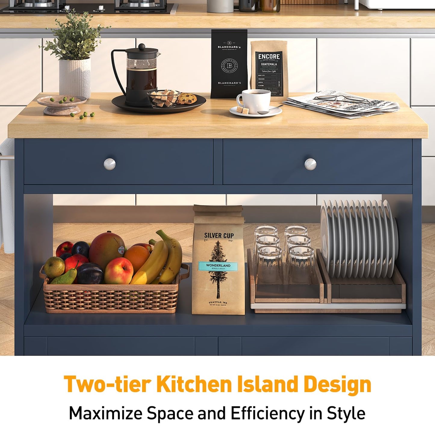 knoworld Rolling Kitchen Island with Storage Cabinet, 35.4'' Width Kitchen Cart, 2 Drawers Island Table, Portable Mobile Kitchen Island with Towel Rack, Wood Top and Lockable Wheels, Blue