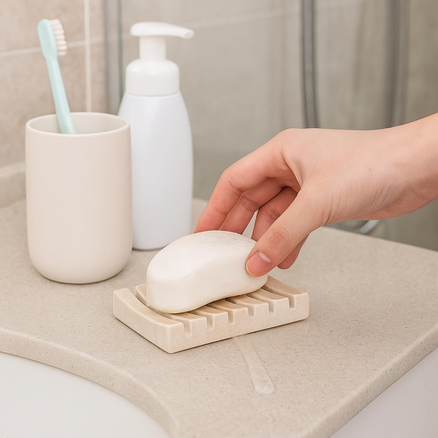 Creative Home Natural Marble Self-Draining Soap Dish Tray, Beige Holder