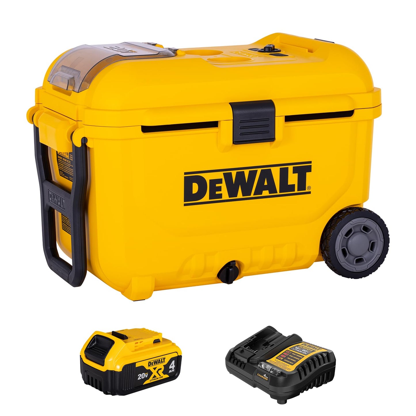 DEWALT Evaporative Air Cooler Portable Air Conditioner & 8 Gal Ice Chest with Battery & Charger, Digital Display & Turbo Cool to 53.6°F 3-Speed Settings Battery Powered Swamp Cooler, DXACN01A