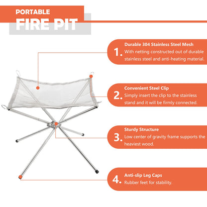 Portable Fire Pit for Camping, Outdoor Folding Firepit Fireplace with Heat Resistant Gloves & Carrying Bag, Stainless Steel Mesh BBQ Fire Bowl for Picnics, Bonfire, Patio, Backyard and Garden