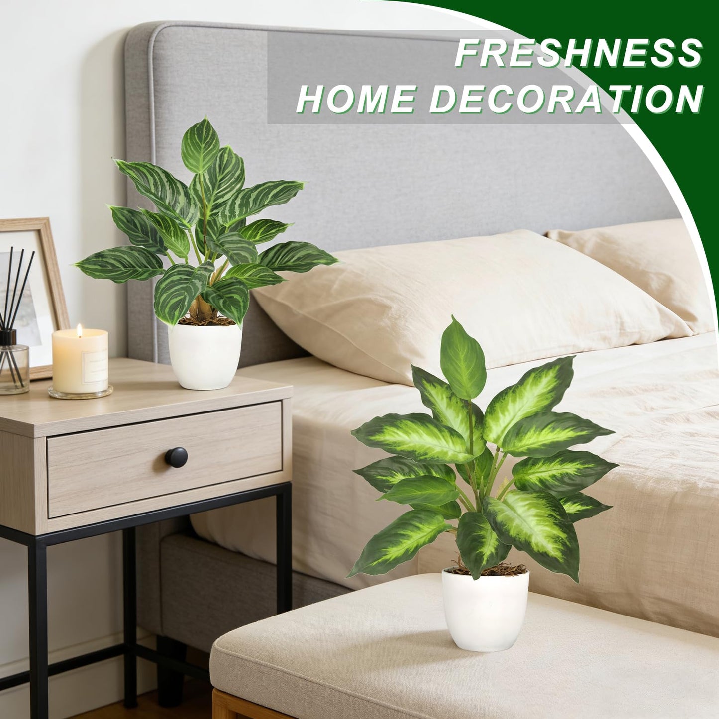 VUAHAUL 2 Pack Artificial Potted Plants, 16" Fake Plants Indoor in White Pots for Home Bathroom, Office Desk, Shelf - Realistic Faux Greenery Desk for Living Room, Kitchen, Farmhouse Decor