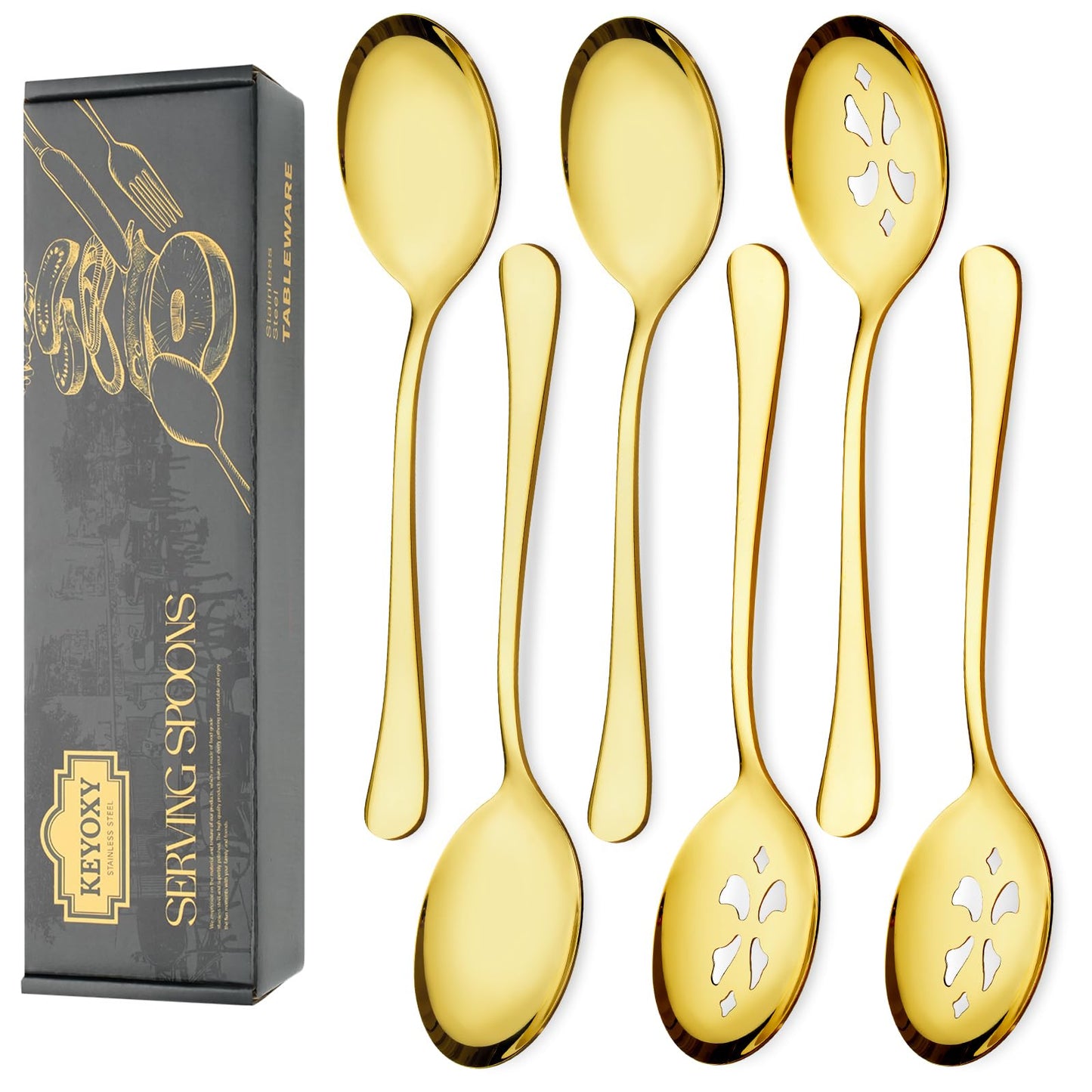 Keyoxy 6 Piece Stainless Steel Serving Spoon Set - 3 Large, 3 Slotted,Dishwasher Safe,10-Inch,Gold, for Parties/Kitchen/Buffet/Catering