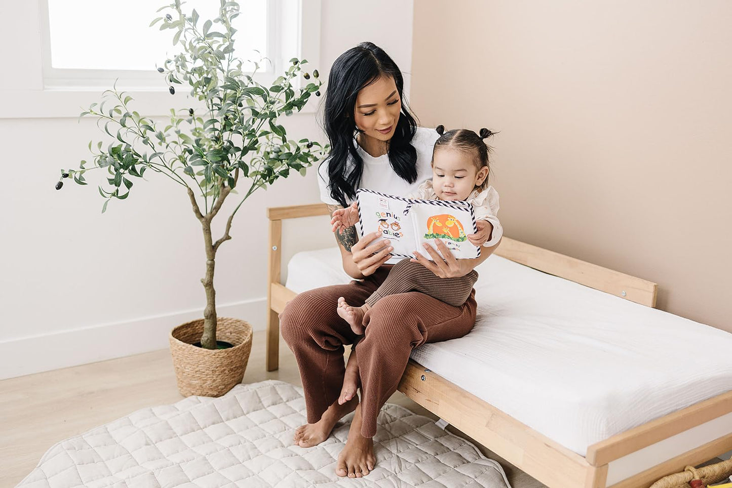 My First Photo Album for Baby with Adorable Giraffe Family, Fabric Cover, Holds 17 Photos, Wipeable Pages, Baby Safe Mirror - Soft Photo Album for Baby by Genius Baby Toys