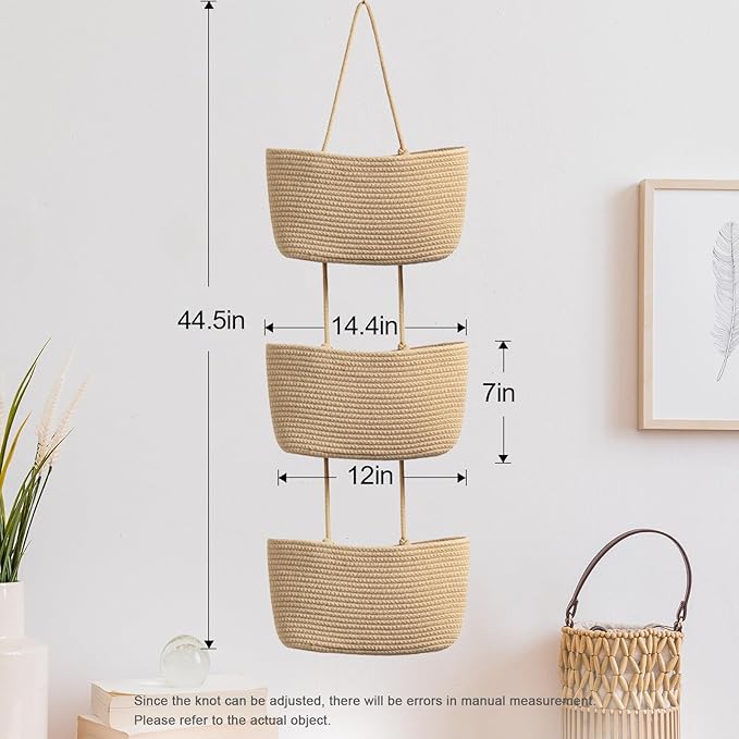 TeoKJ Over the Door Hanging Basket, 3-Tier Woven Cotton Wall-Mounted Storage