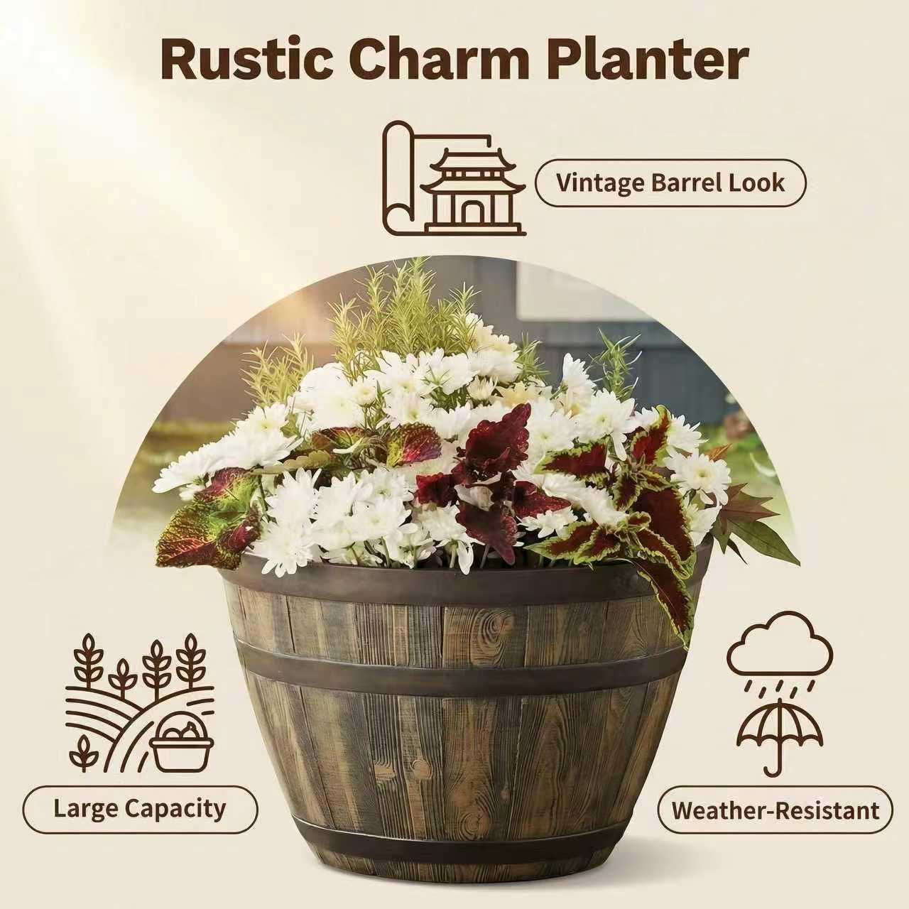 19.9 Inch Rustic Whiskey Barrel Planter - Durable Lightweight Plastic Plant Pot with Easy Knock-Out Drainage Holes, Indoor/Outdoor Barrel Planter for Outdoor Plants
