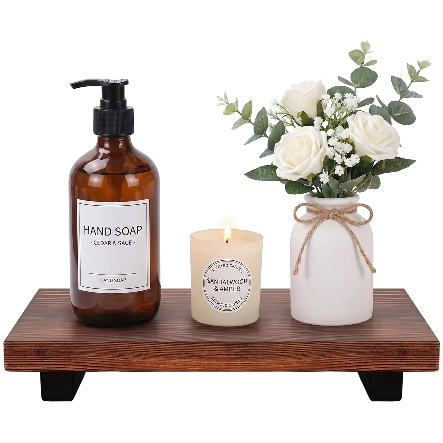 Farmhouse Bathroom Tray Organizer Wooden Riser Stand Wood Trays for Kitchen Counter Decor Pedestal Dish Soap Dispenser Holder Kitchen Sink Tray Modern Bathroom Vanity Accessories Decorative Trays