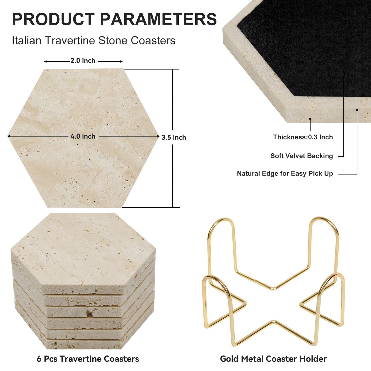 YONGHEE Travertine Coasters Set of 6 with Holder, Hexagonal Rustic Farmhouse Beige Marble Drink Coasters for Coffee Table Decor, Porous Stone Absorbent Coaster for Drinks, Velvet Backed