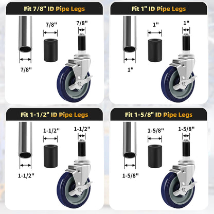 Besitu 5 Inches Prep Table Wheels Set of 4, Expanding Stem Casters Fit for 7/8", 1", 1-1/2" and 1-5/8" Tube Leg for Stainless Steel Table, Cart, Furniture Legs, Commercial Kitchen Appliances