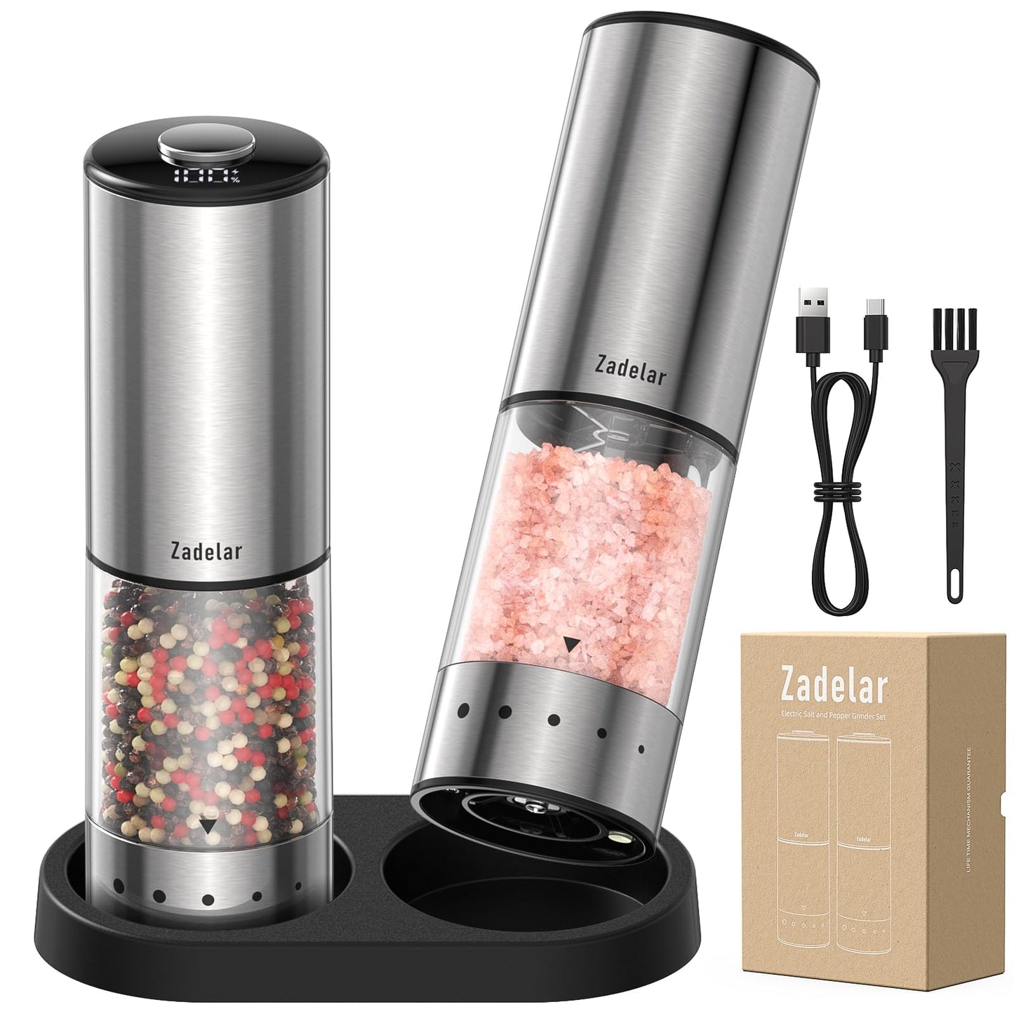 Rechargeable Electric salt and pepper grinder set with Storage Base,Automatic Refillable Salt and Pepper Shakers with LED Display,Upgraded Large Capacity,External Adjustable Coarseness for Mom Gifts