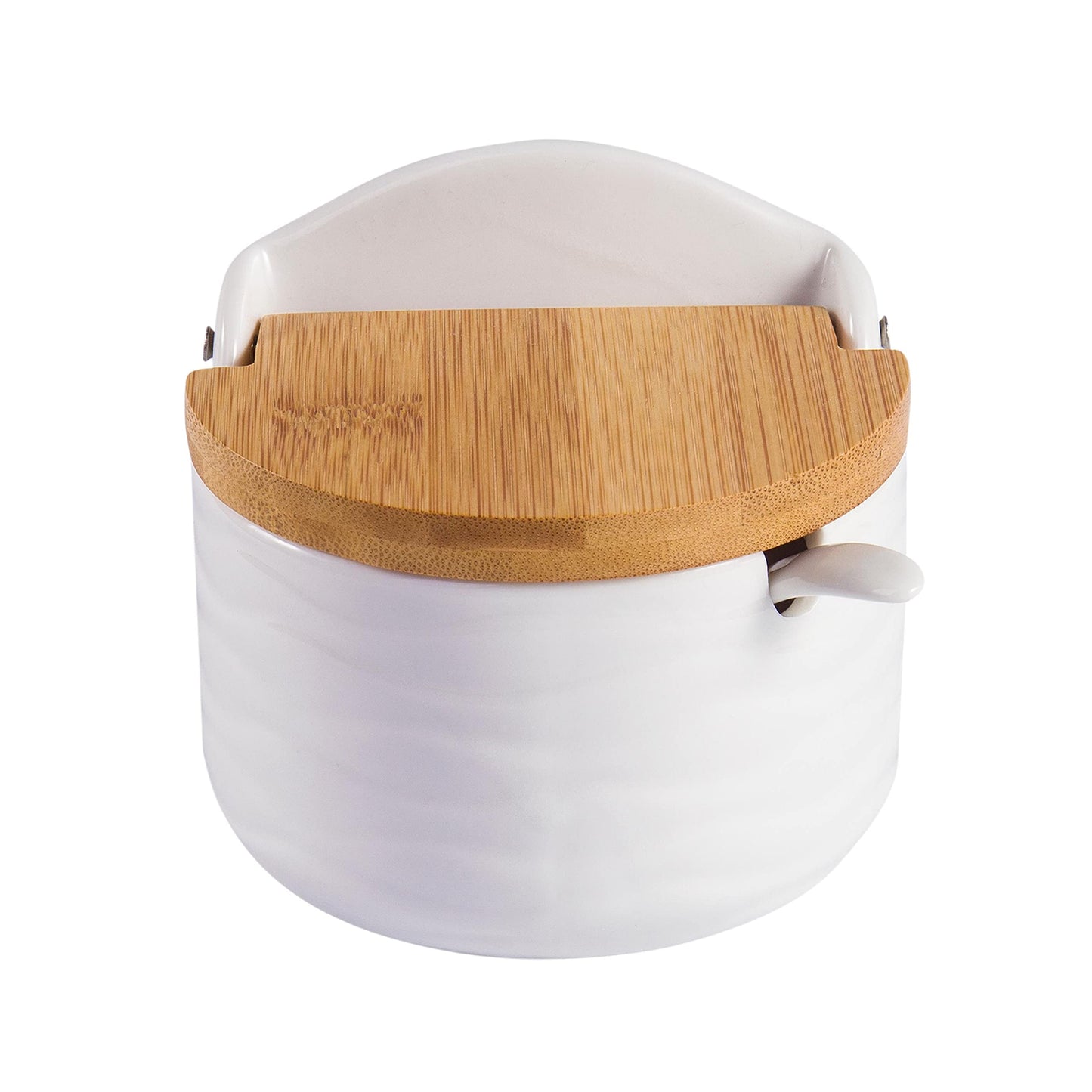 Ceramic Sugar Salt Bowl with Bamboo Lid and Spoon, LUCKY GODDNESS 9.1 fl oz Porcelain Container Jar for Pepper with Chalkboard Label, for Housewarming