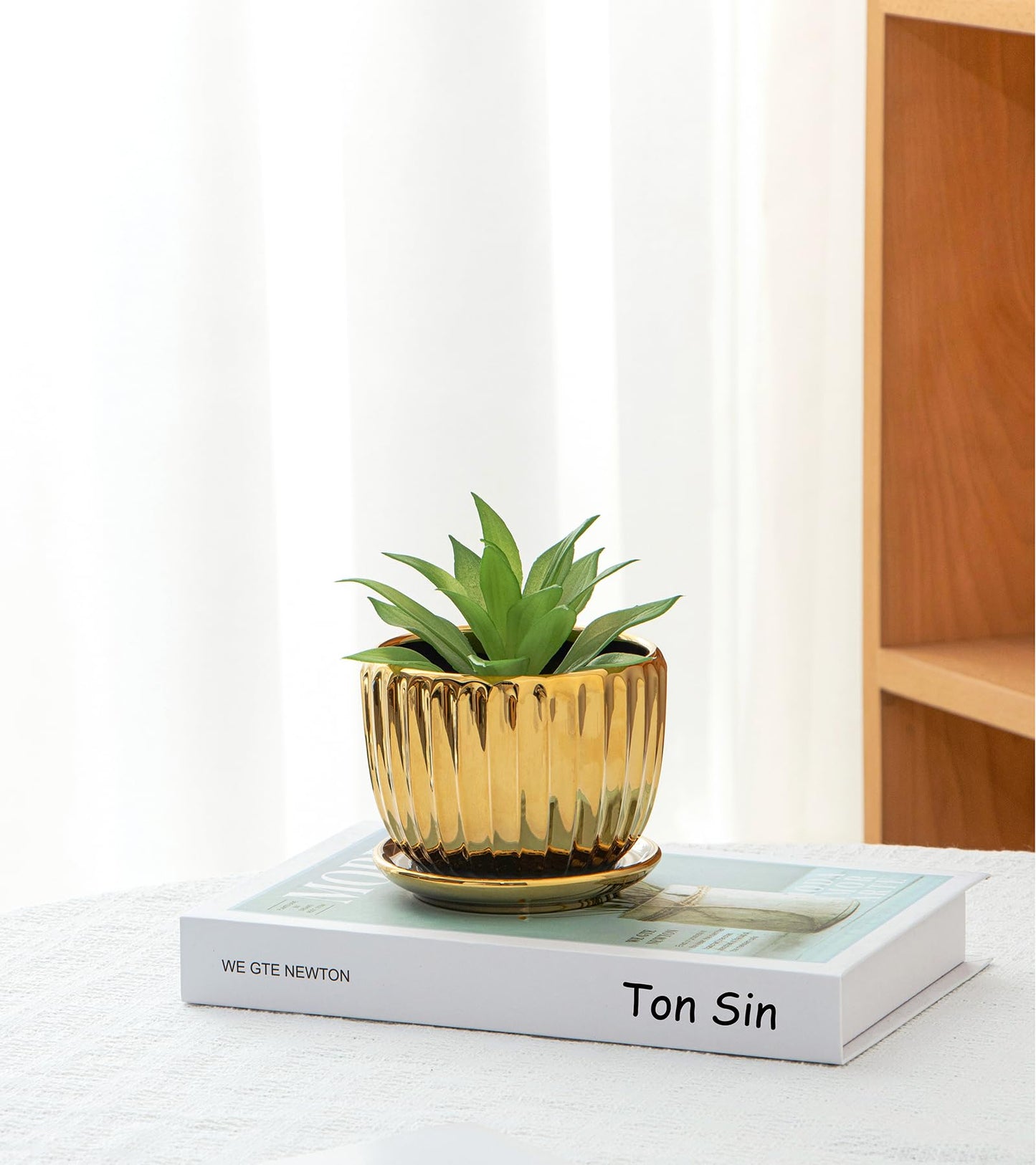 Ton Sin Gold Plant Pots,4.1+5.1+6.5 Inch Ceramic Succulent Planters Set of 3 Mini Indoor Flower Pot with Drainage,Handmade Decorative Ceramic Orchid and Herb Pots(Gold)