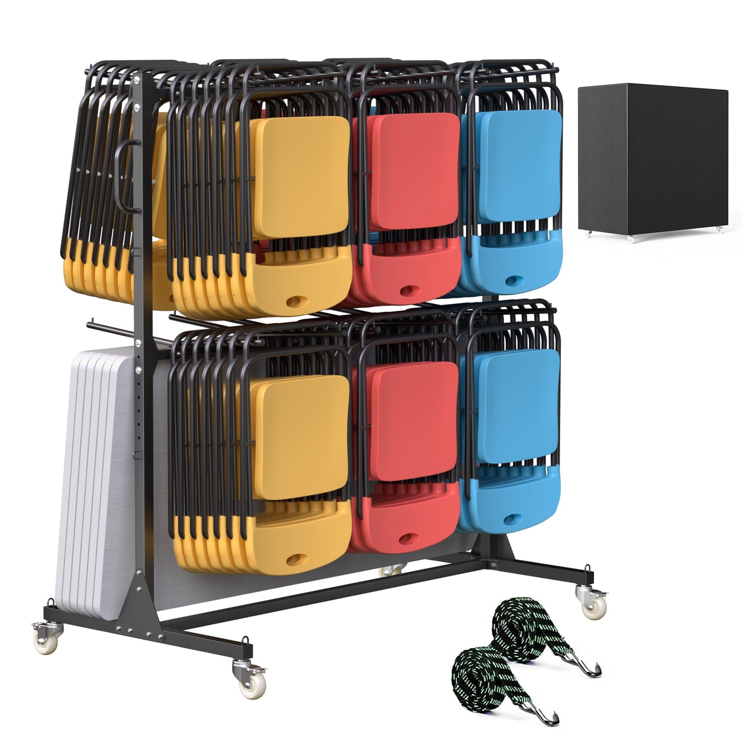 DTK Folding Chair Rack on Wheels,Rolling Rack to Hold 84 Chair or 12 Tables,Heavy-Duty Cart of 800lbs Capacity,Storage Holder Rack for Folding Chairs with Nylon Locking Wheels,Rain Cover,Elastic Cords