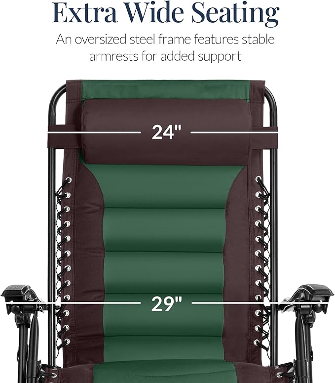 Best Choice Products Oversized Padded Zero Gravity Chair, Folding Outdoor Patio Recliner, XL Anti Gravity Lounger for Backyard w/Headrest, Cup Holder, Side Tray, Polyester Mesh - Espresso/Green
