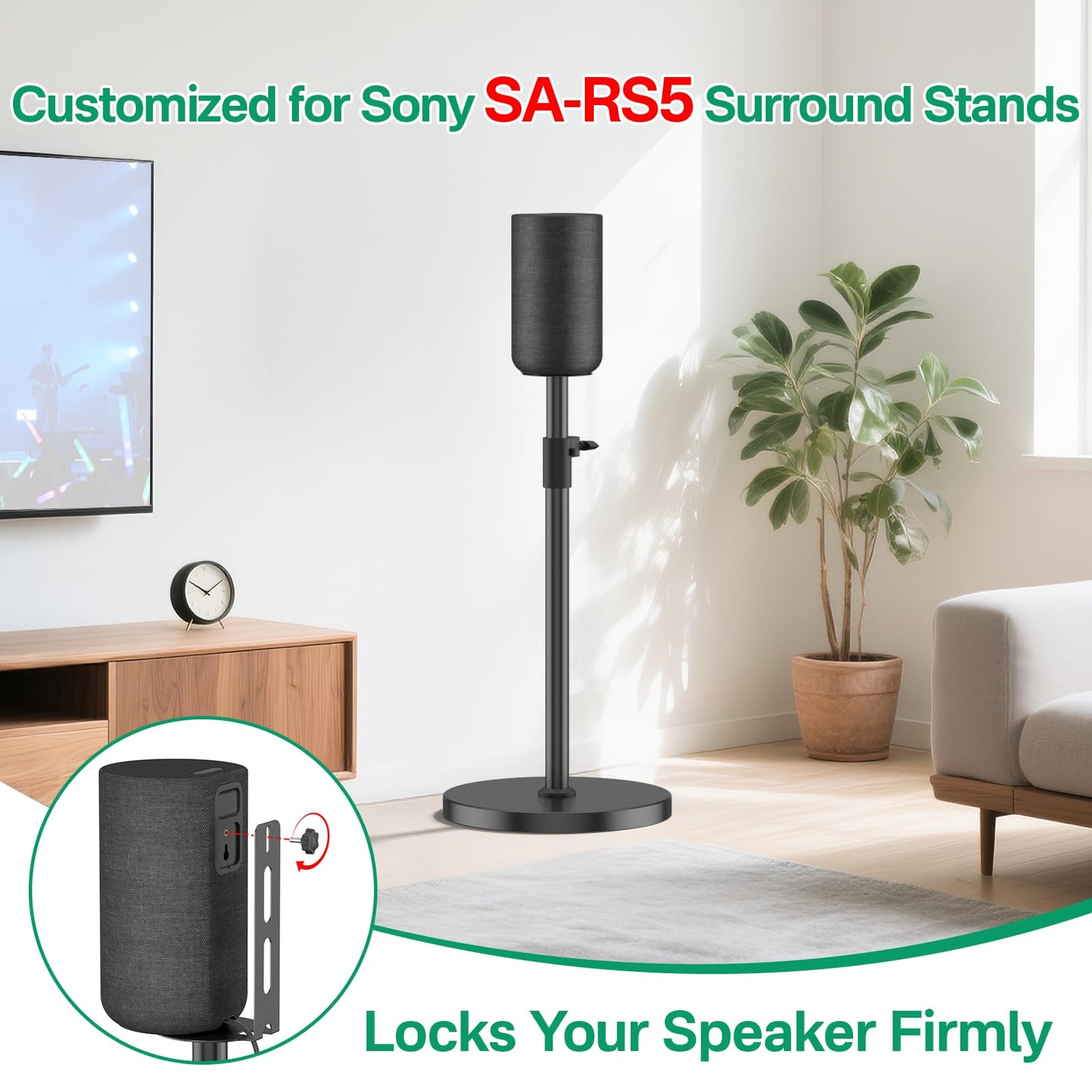 Adjustable Height Speaker Stands for Sony SA-RS5 Wireless Rear Speaker Stand - Heavy-Duty Floor Speaker Stands Pair for Sony SA-RS5 Speaker Stands with Cable Management