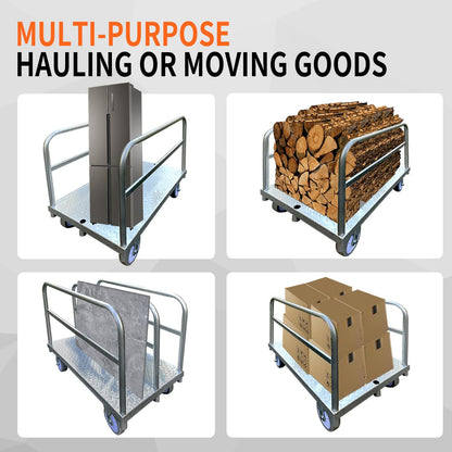 Steel Panel Truck Cart Platform Truck, Heavy Duty Lumber Drywall Dolly, 6" Swivel Brake Casters, 3 Side Handrails, Hold up to 2000lbs (39" x 24")