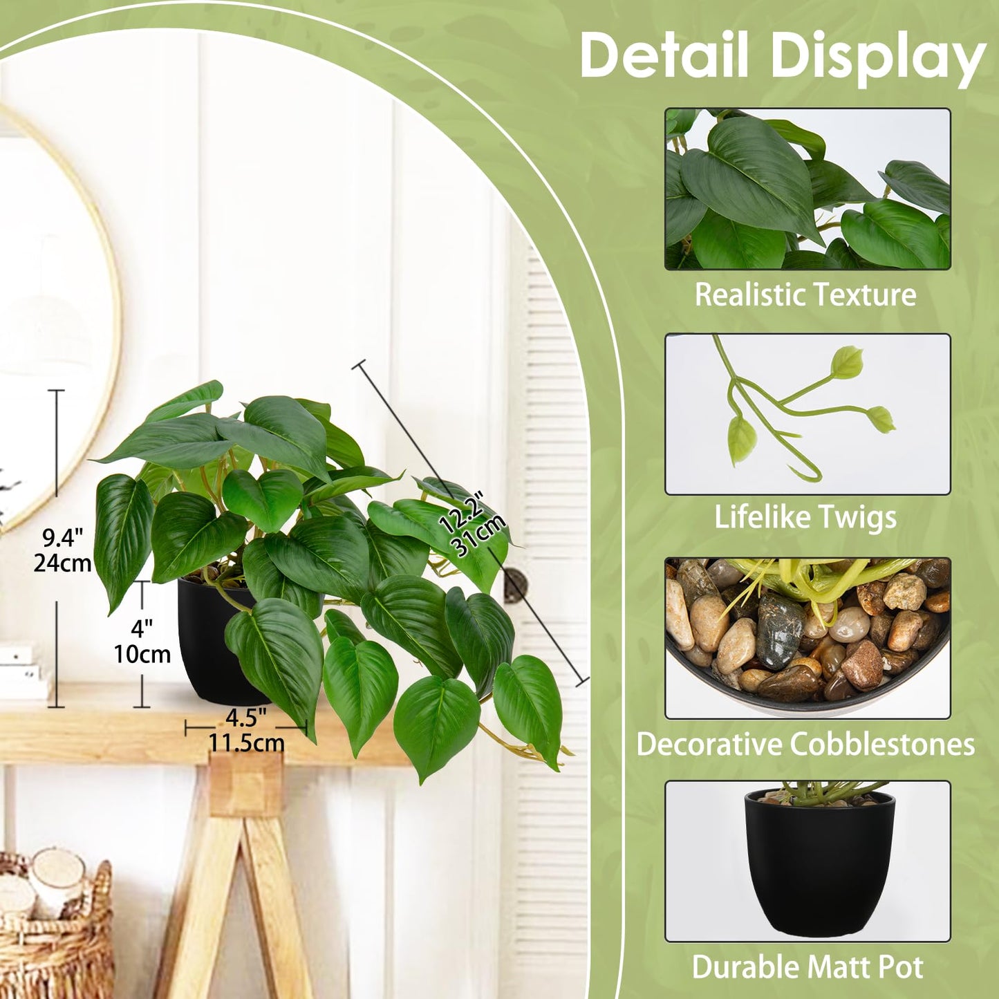 DILATATA Fake Plants Indoor 8 Inch Artificial Pothos Plant in Black Plastic Pot - Faux Potted Pothos Plant for Home Aesthetic Decor Living Room Shelf Office