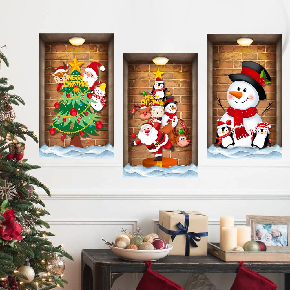 3 Pcs Christmas Wall Decals Christmas Tree Snowman Santa Claus Faux Closet Wall Stickers 3D Realistic Wall Art Mural for Xmas Holiday Festival Party Supplie