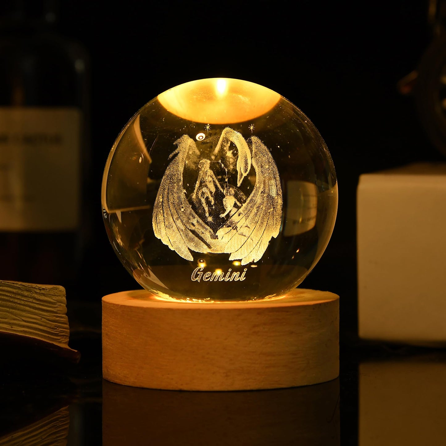QIANCHANG 3D Laser Etched Gemini Crystal Ball with LED Light Stand, Constellation Decor Glass Sphere Lamp, Zodiac Astrology Birthday Gifts for Women Kids