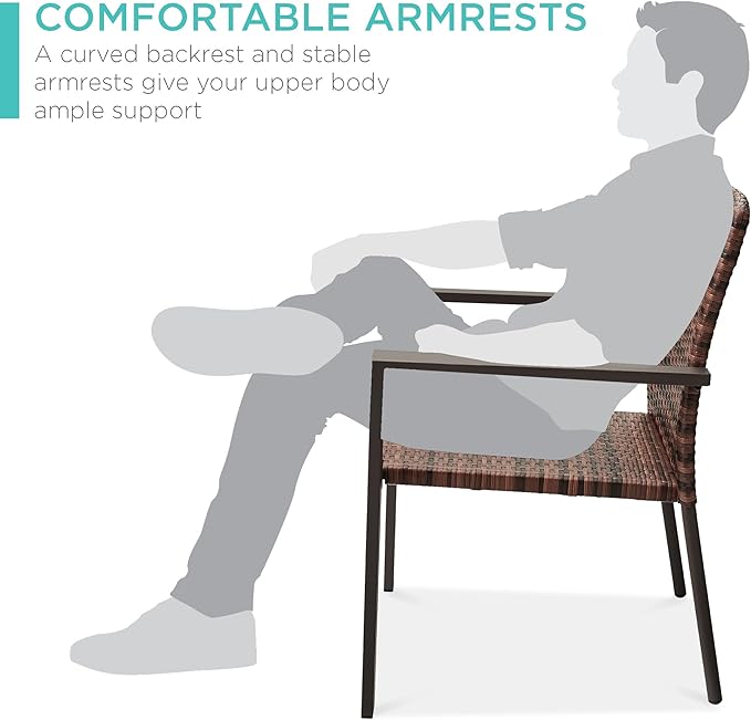 Best Choice Products Set of 2 Stackable Outdoor Wicker Dining Chairs All-Weather Firepit Armchair w/Armrests, Steel Frame for Patio, Deck, Garden, Yard - Light Brown