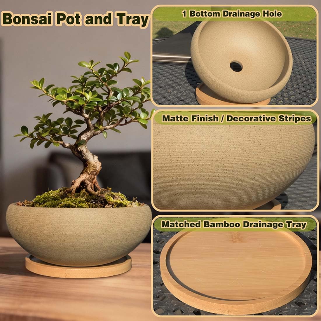 MUZHI 2 Pack Round Unglazed Ceramic Bonsai Pot with Bamboo Tray 8"+6.5", Large Rough Pottery Succulent Planter with Drainage Hole