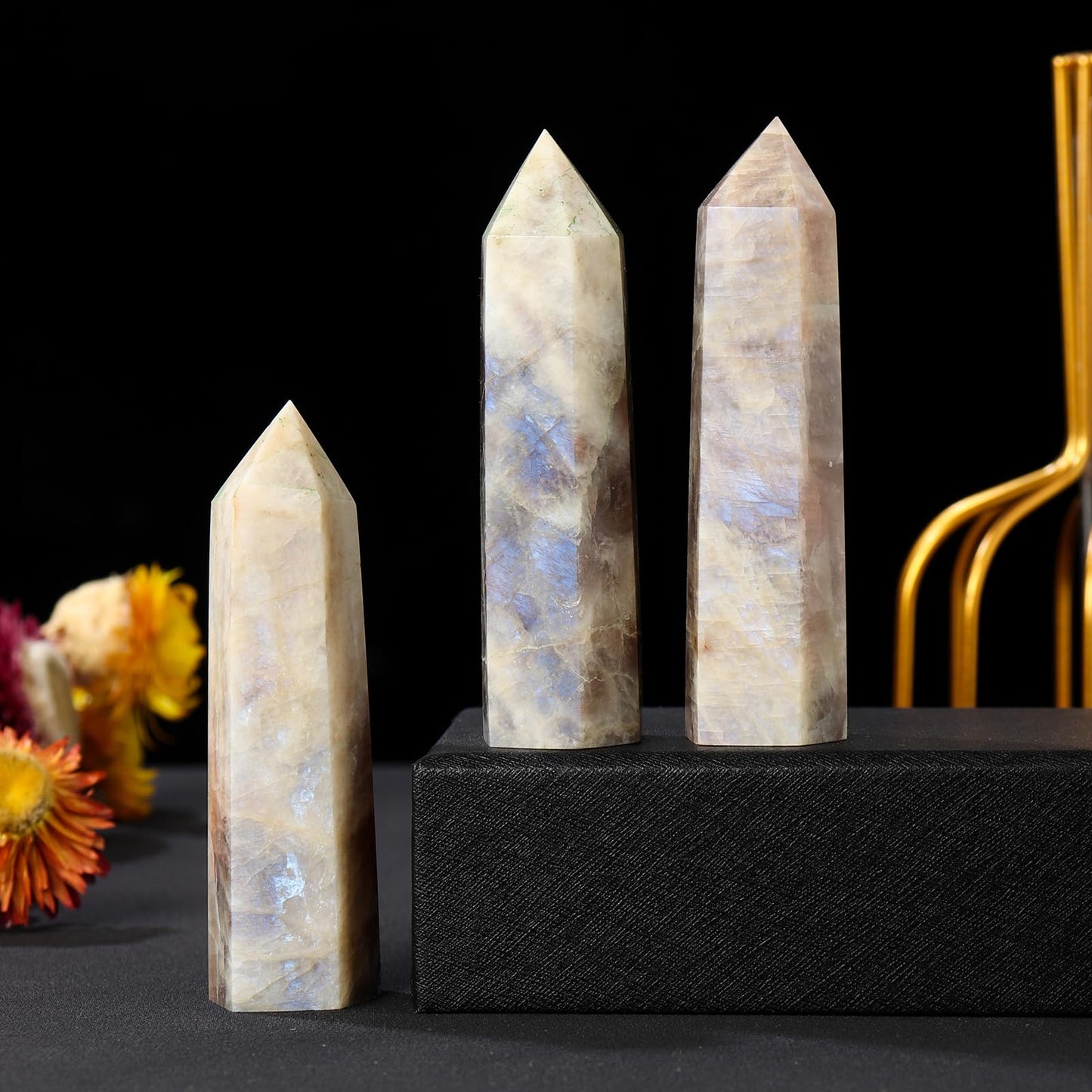 Runyangshi 1PCS Natural Crystal Moonstone Tower 2.75"-3.14" (7-8 cm) 6 Faceted Single Point Prism Healing Crystal Wand for Meditation Reiki Chakra Therapy