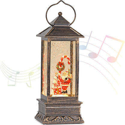 Christmas Musical Snow Globe Lantern, 12 Inch Spinning Glittering Lantern with 6 Hours Timer, USB Powered & Battery Operated for Christmas Decorations (Santa Claus and Candy Cane)