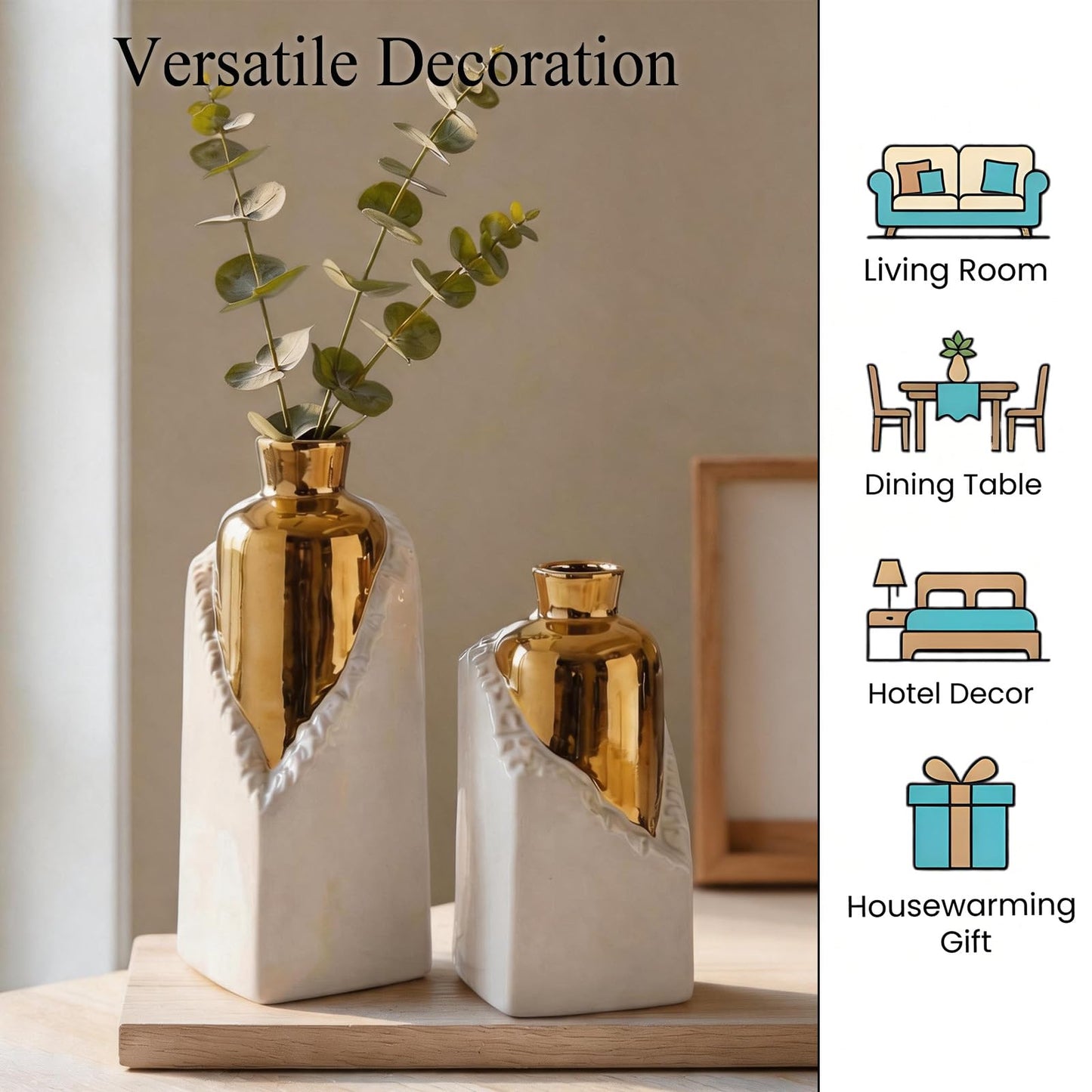 Iryanthos White and Gold Ceramic Vase Set, Modern Home Decor Flower Vases, 2-Piece Bud Vase for Living Room, Wedding & Hotel Dining Table Centerpieces, Fireplace or Bookshelf, 8.6" & 10.8" H