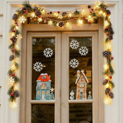 HiPiiy Christmas Garland with Snowflake Lights，9.8 Ft, Dual USB & Battery Powered, Pinecones & Red Berries, Perfect for Christmas, Wedding Parties, Fireplaces, Bedrooms, Indoor Outdoor Office Decor.