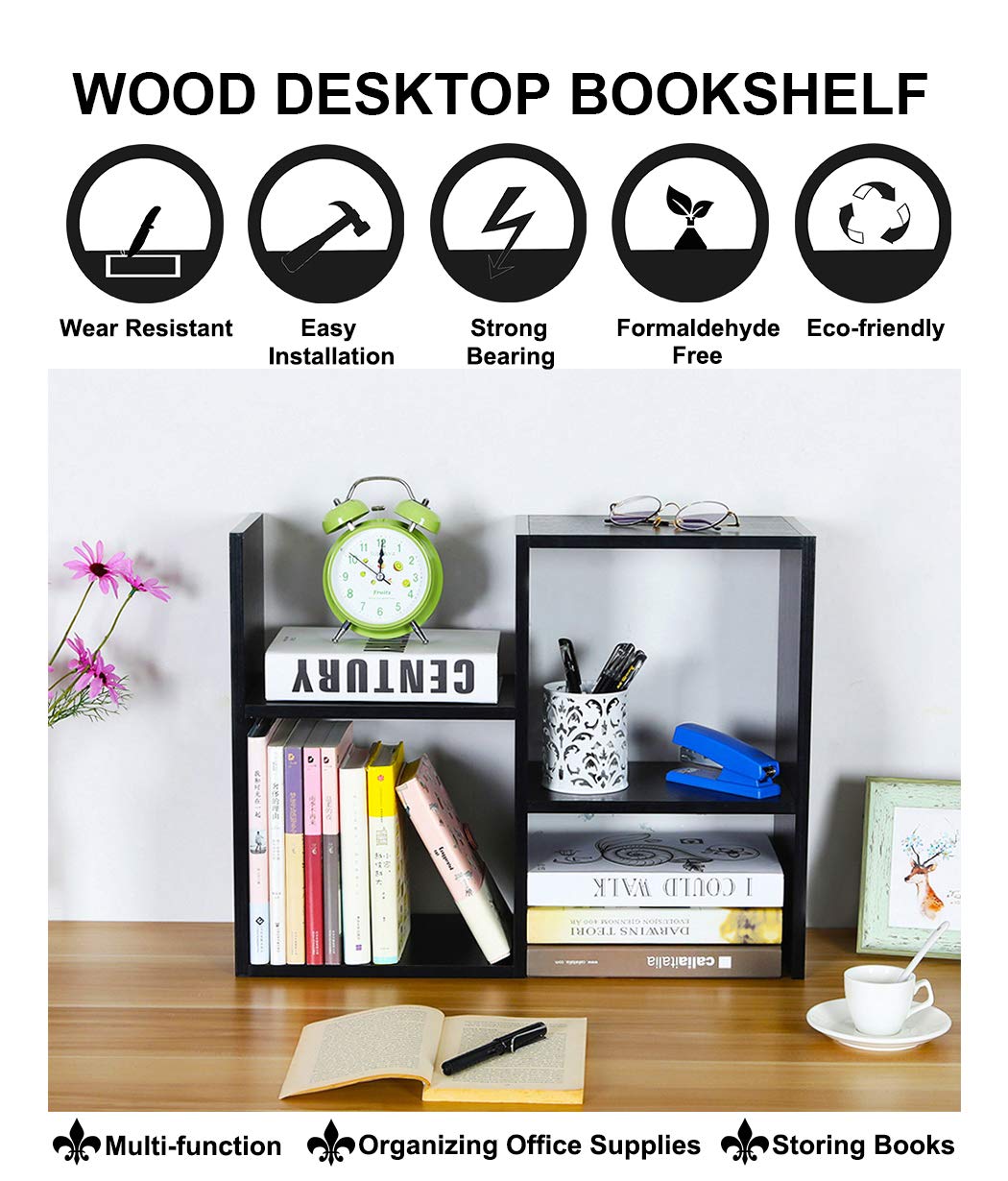 PAG Desktop Shelf Freestanding Wooden Small Bookshelf Desk Supplies Organizers and Accessories Storage Display Rack Office Dorm Decor for Women, Black