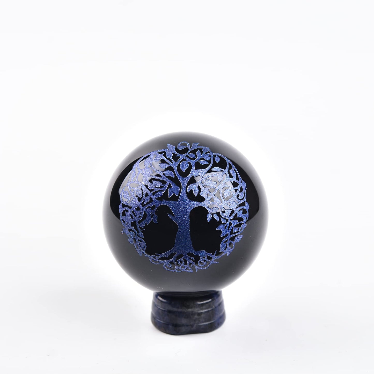 JIC Gem Small Black Obsidian Crystal Ball Sphere Carving Tree of Life with Blue Sodalite Decorative Stand for Meditation, Healing, Feng Shui (60mm / 2.2in)