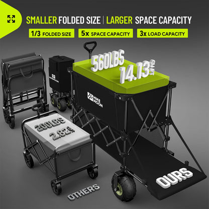 Hikemoon Double Decker Beach Wagon with 10" Big Balloon Wheels for Sand, 54'' Extra Long 560LBS Heavy Duty Wagons Carts Foldable, 400L Large All-Terrain Collapsible Folding Cart for Outdoors, Black
