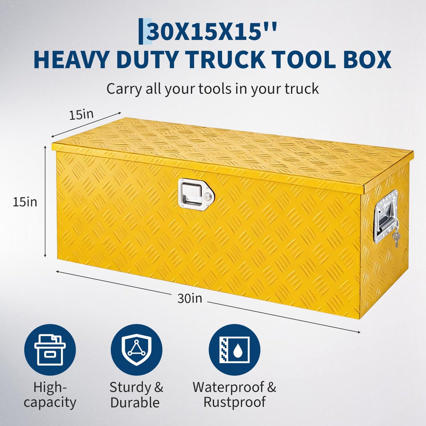 GarveeLife Heavy Duty Aluminum Truck Bed Tool Box – 30x15x15 in, Lockable & Waterproof, Gas Strut Lid, Organizer Tray, Side Handles, Five-Striped Yellow