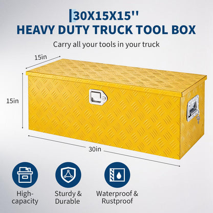 GarveeLife Heavy Duty Aluminum Truck Bed Tool Box – 30x15x15 in, Lockable & Waterproof, Gas Strut Lid, Organizer Tray, Side Handles, Five-Striped Yellow